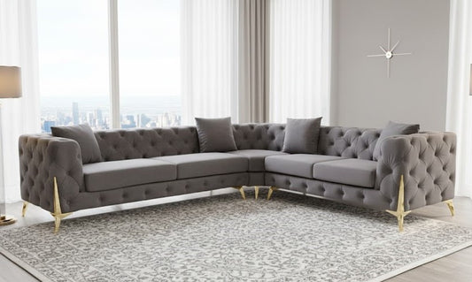 Miranda Italian Chesterfield L Shape Corner Sofa in Plush Velvet Fabric