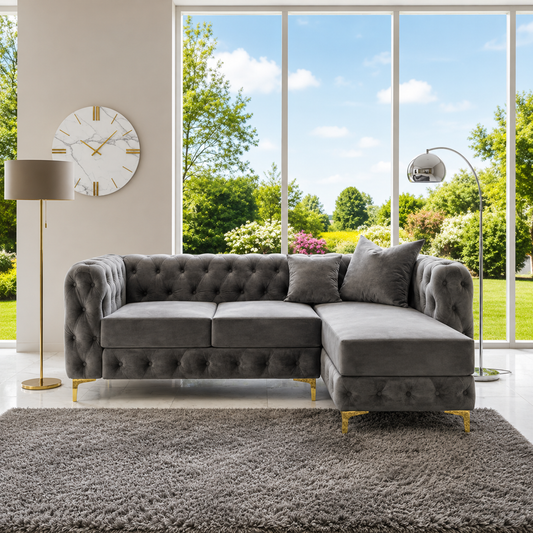 Settee L-Shaped Sofa In Grey Plush Velvet Fabric