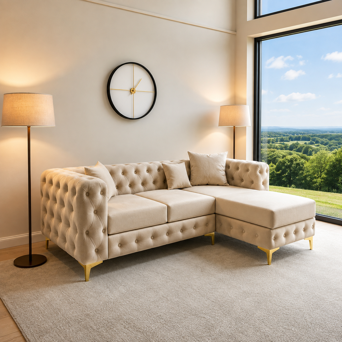 Regent Lounge L-Shaped Sofa In Beige Plush Velvet Fabric