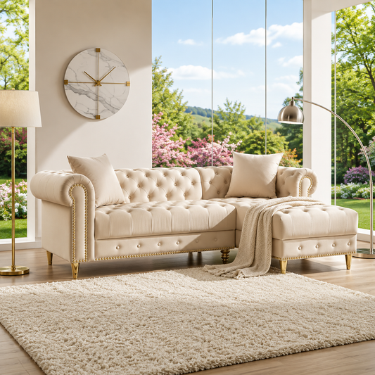 Albion Luxury Lounge L-Shaped Sofa in Black Plush Velvet Fabric