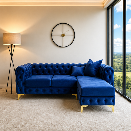 Davenport Luxury L-Shaped Sofa In Blue Plush Velvet Fabric