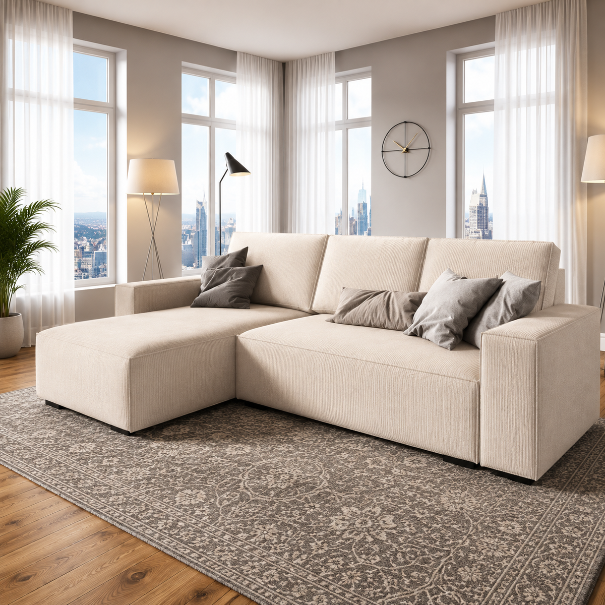 Boris L Shape Corner Sofa in Cream Plush Velvet