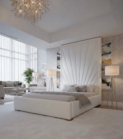 Luxury Bed Frame with High Headboard In Cream Velvet Upholstery