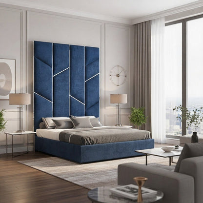Luxury Blue Velvet Bed Frame with High Upholstered Headboard & Gold Mirror Inlays