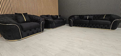 Annita Ambassador Sofa Set 3+2+1 in black velvet and gold accent detailing