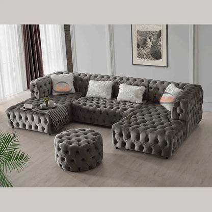 Rocky Chesterfield Ambassador U Sofa in Plush Velvet Fabric