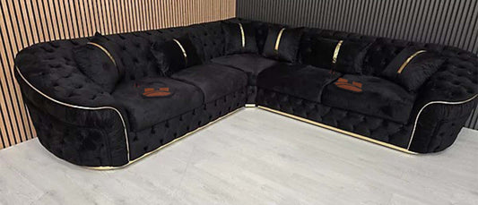 Raptor Ambassador Corner Sofa Black Velvet & Gold Detail
