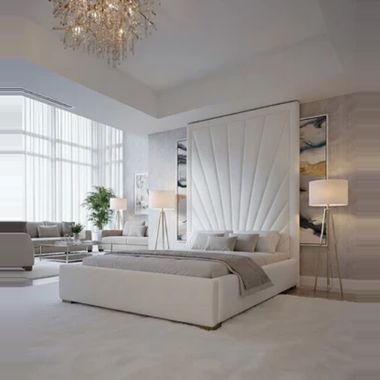 Luxury Bed Frame with High Headboard In Cream Velvet Upholstery