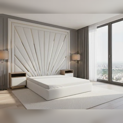 Tranquil High Wall- Mounted Headboard Bed Frame In Velvet Upholstery With Gold Mirror