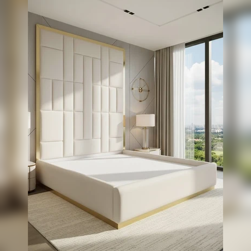 Celestial Bars Luxury Bed Frame In Cream Velvet Multi Panel With Gold Mirror Finish Inlays