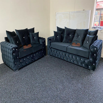 Black Chesterfield Sofa in Plush Velvet Three Plus Two Seater