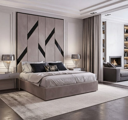 Obsidian Prism Luxury Velvet Bed Frame with Tall Upholstered Headboard & Black Mirror Inlays