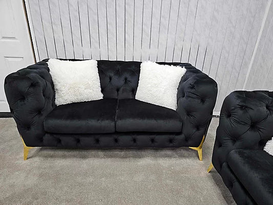 Oldhom Chesterfield 2 seater Sofa in Black Velvet & Gold Legs