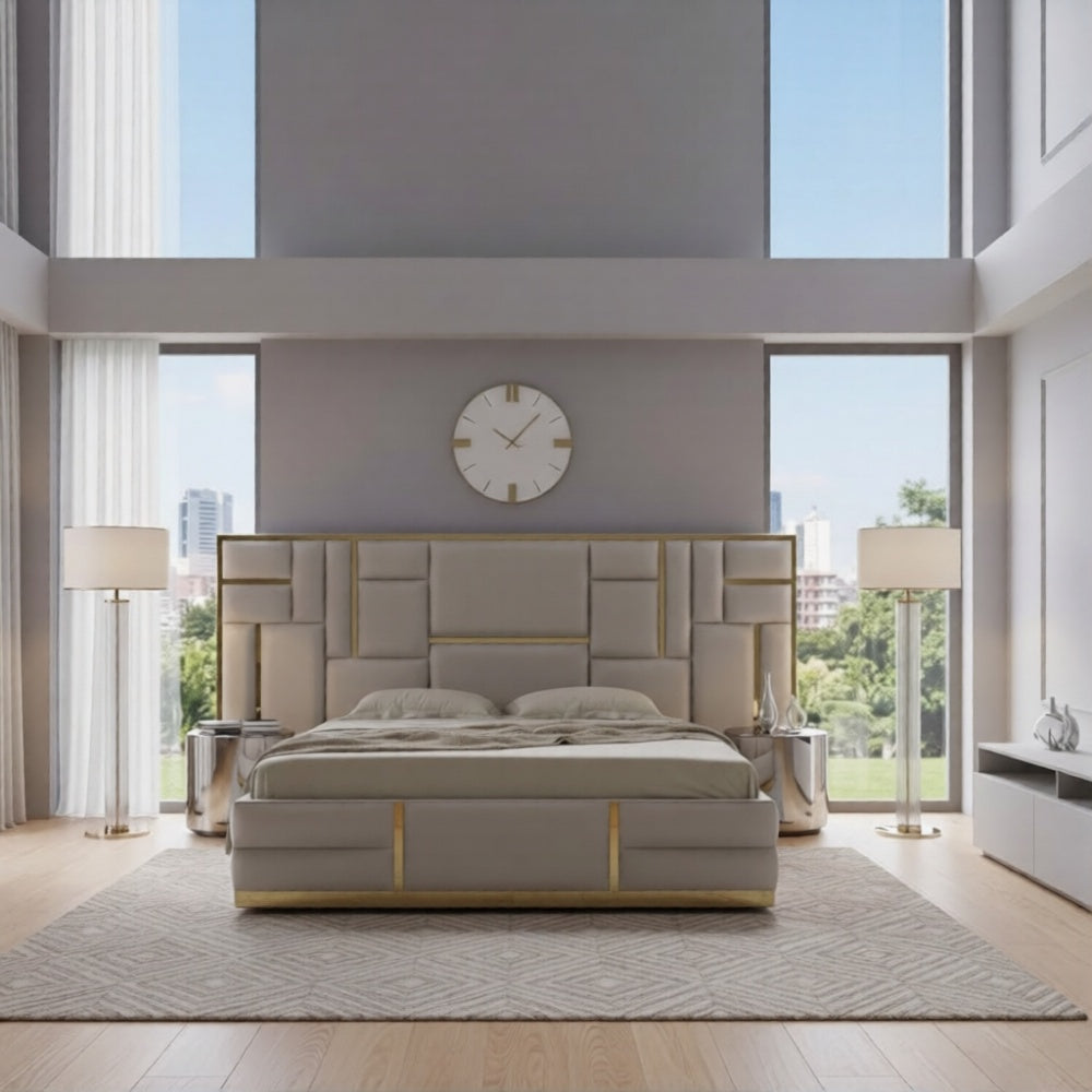 Frontier Multi Panel Bed Frame In Cream Plush With Gold Mirror Finish Inlays