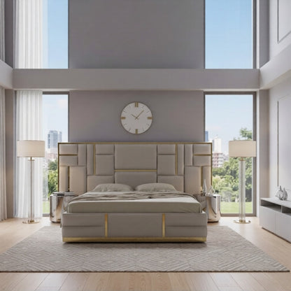 Frontier Multi Panel Bed Frame In Cream Plush With Gold Mirror Finish Inlays