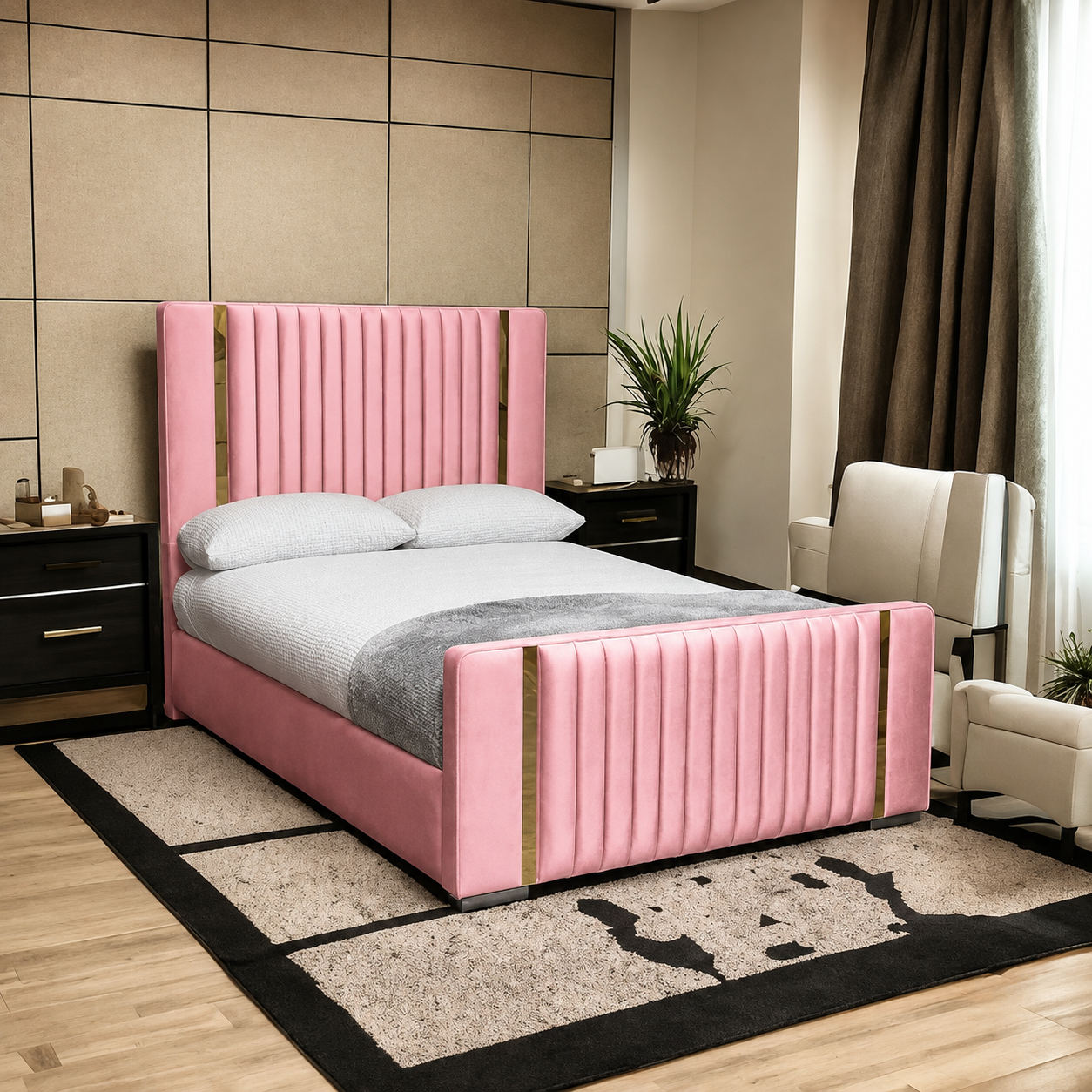 Freddie Panel Design Bed With Golden Stripes