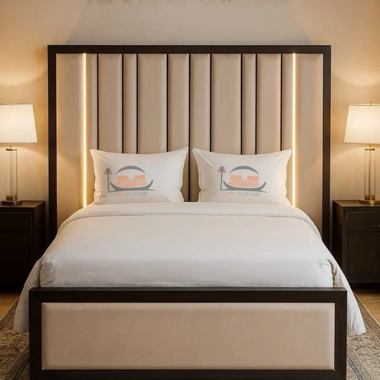 Ash Panel Bed Frame with Black Border and LED Lights