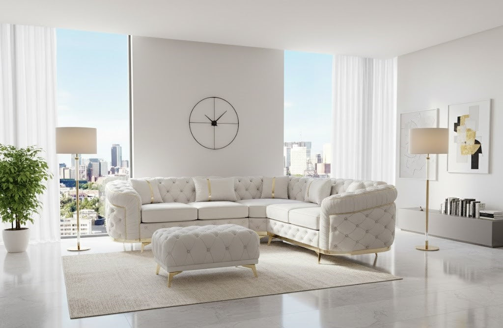 Kensington Chesterfield White Plush Velvet Fabric Sofa
