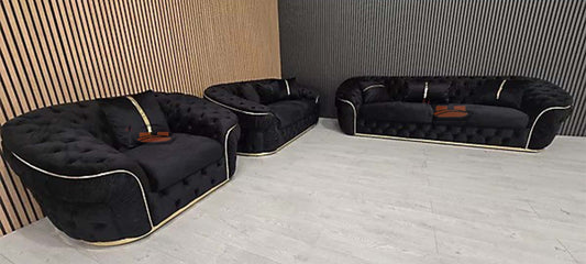 Annita Ambassador Sofa Set 3+2+1 in black velvet and gold accent detailing