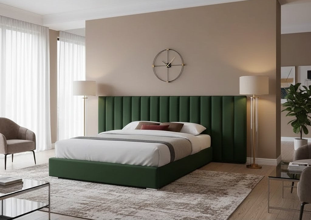 Upholstered Hotel Style Panel Bed Frame With Wide Headboard