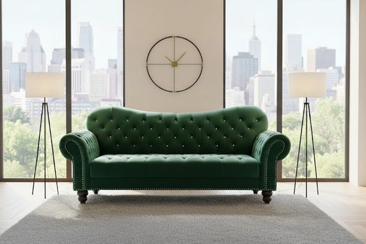 Venture Italian Chesterfield Green Velvet Sofa In Plush Velvet Fabric