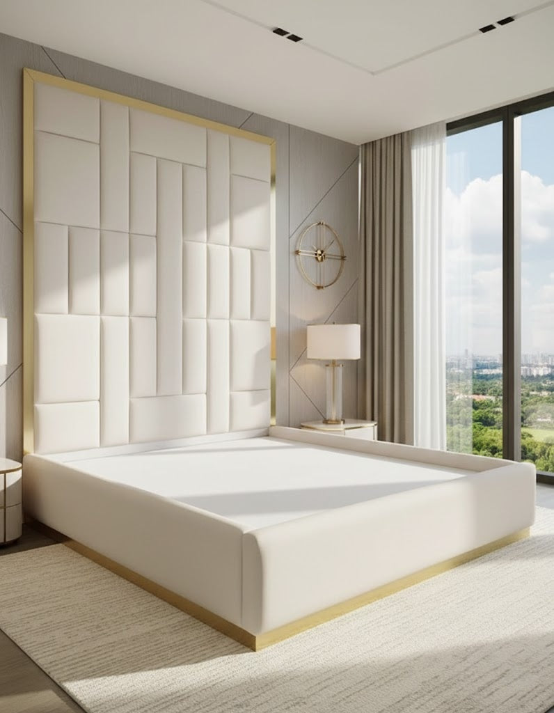 Celestial Bars Luxury Bed Frame In Cream Velvet Multi Panel With Gold Mirror Finish Inlays