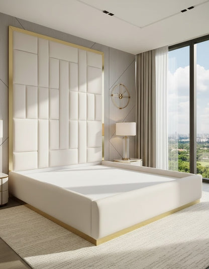 Celestial Bars Luxury Bed Frame In Cream Velvet Multi Panel With Gold Mirror Finish Inlays