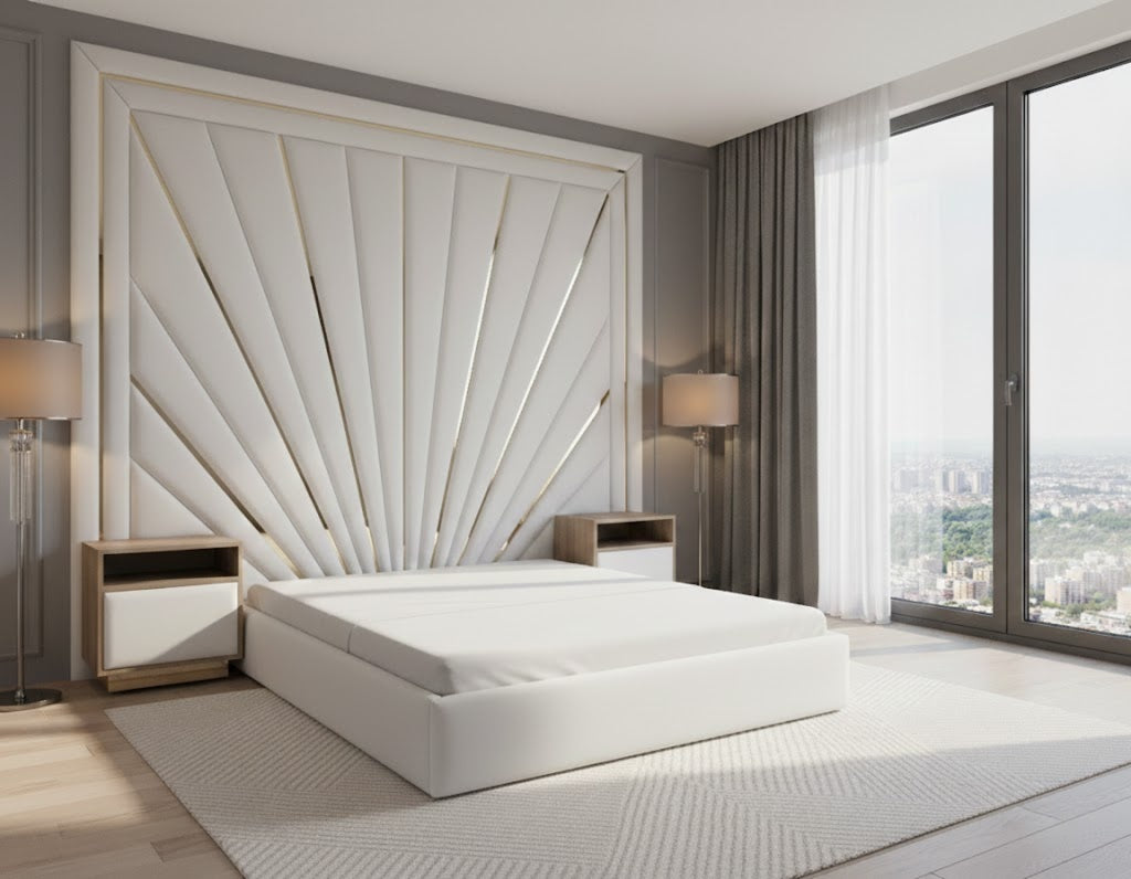 Tranquil High Wall- Mounted Headboard Bed Frame In Velvet Upholstery With Gold Mirror